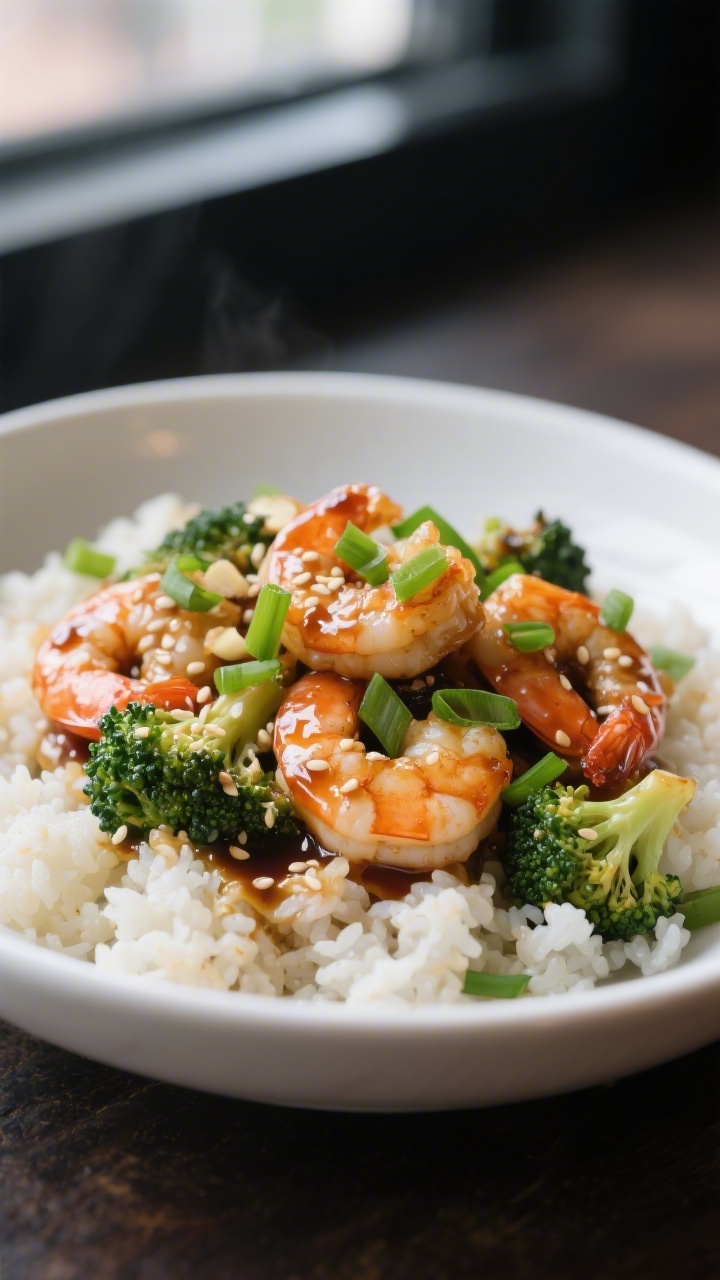 Final dish close-up: Low-carb shrimp broccoli stir fry plated in a wide, shallow white bowl over flu
