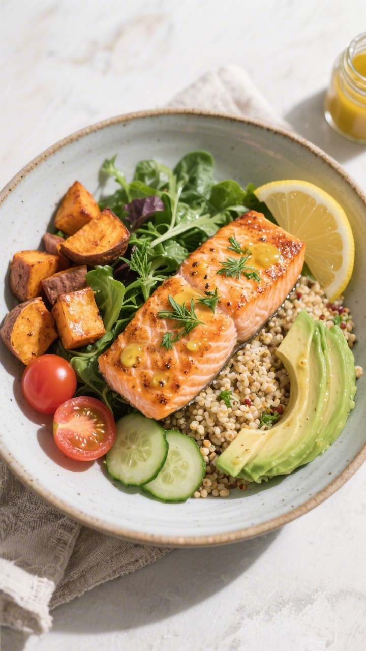 Final dish overhead: Fully assembled Grilled Salmon and Roasted Sweet‑Potato Bowl—of a wide cera
