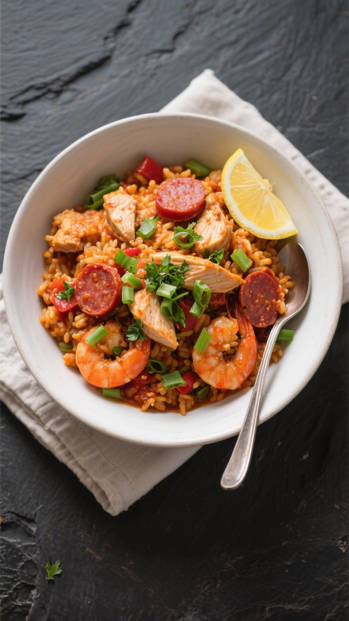 Final dish — Overhead plated jambalaya: Top-down, vibrant bowl of low-carb jambalaya piled high wi
