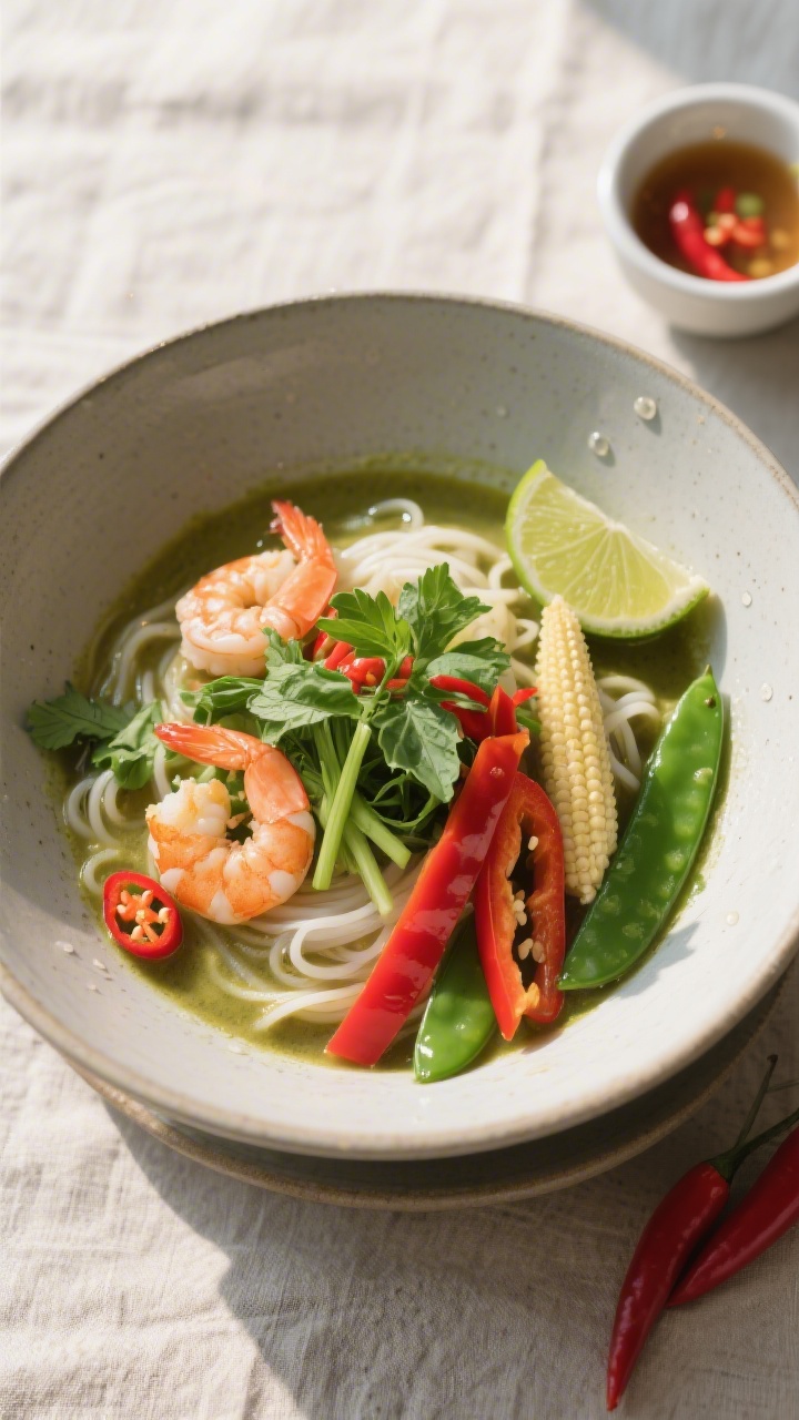 Final dish overhead: Tasty top view of a deep bowl of rice noodles bathed in Thai green curry, artfu