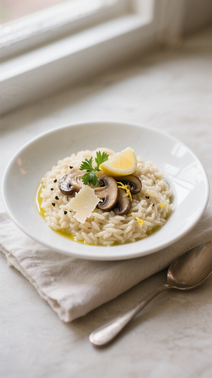 Final dish presentation: Beautifully plated creamy mushroom risotto (gluten-free orzo) swirled into 