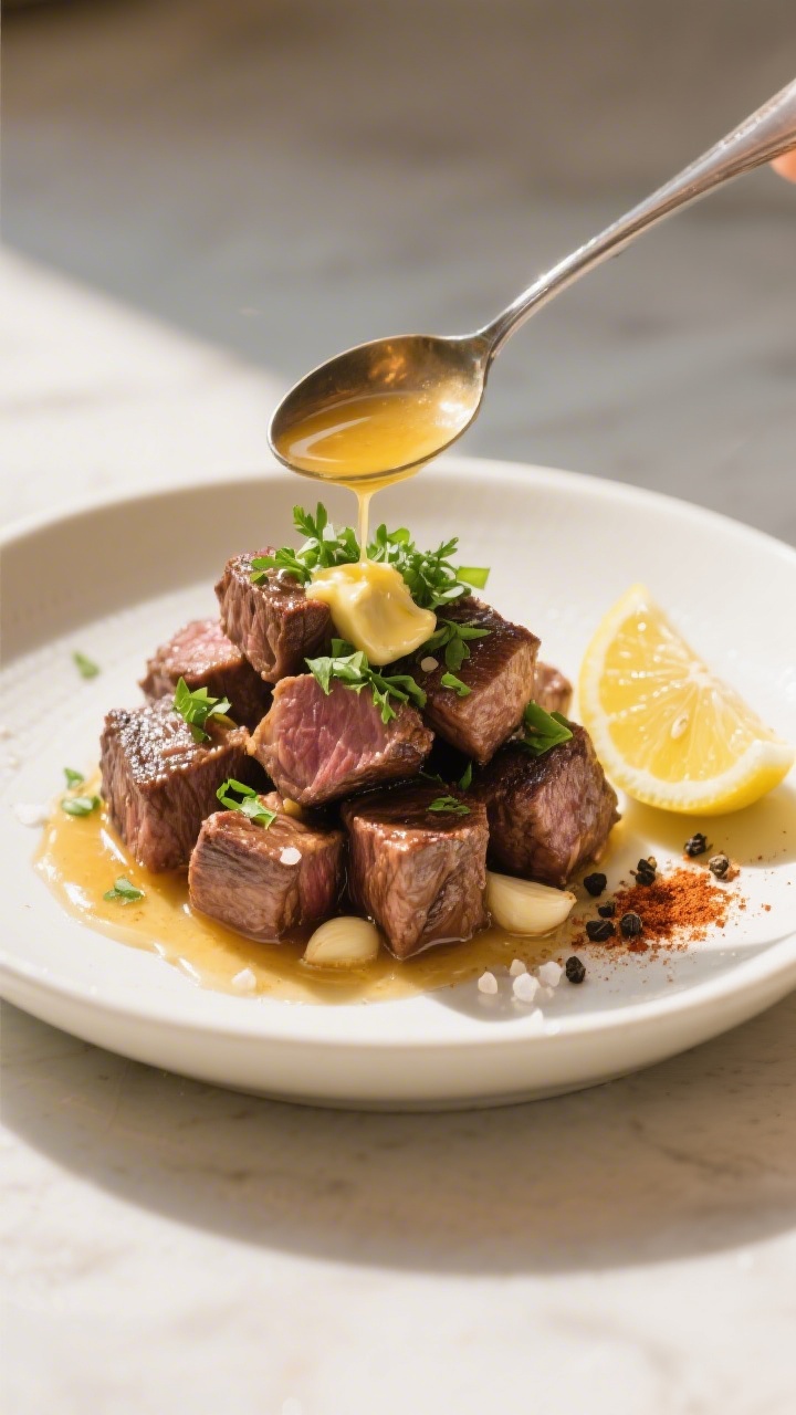 Final dish presentation: Beautifully plated garlic butter steak bites piled high on a warm white sha