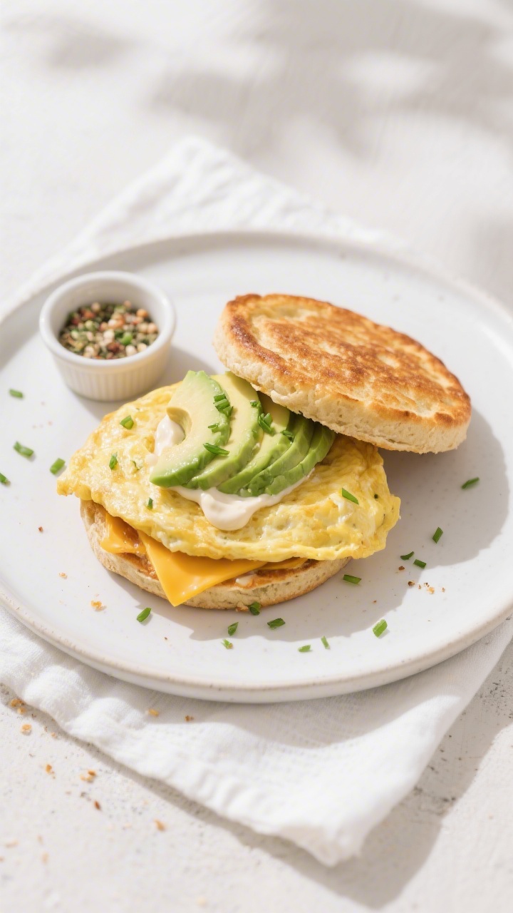 Final dish presentation: Beautifully plated keto breakfast sandwich made with two toasted oopsie bre