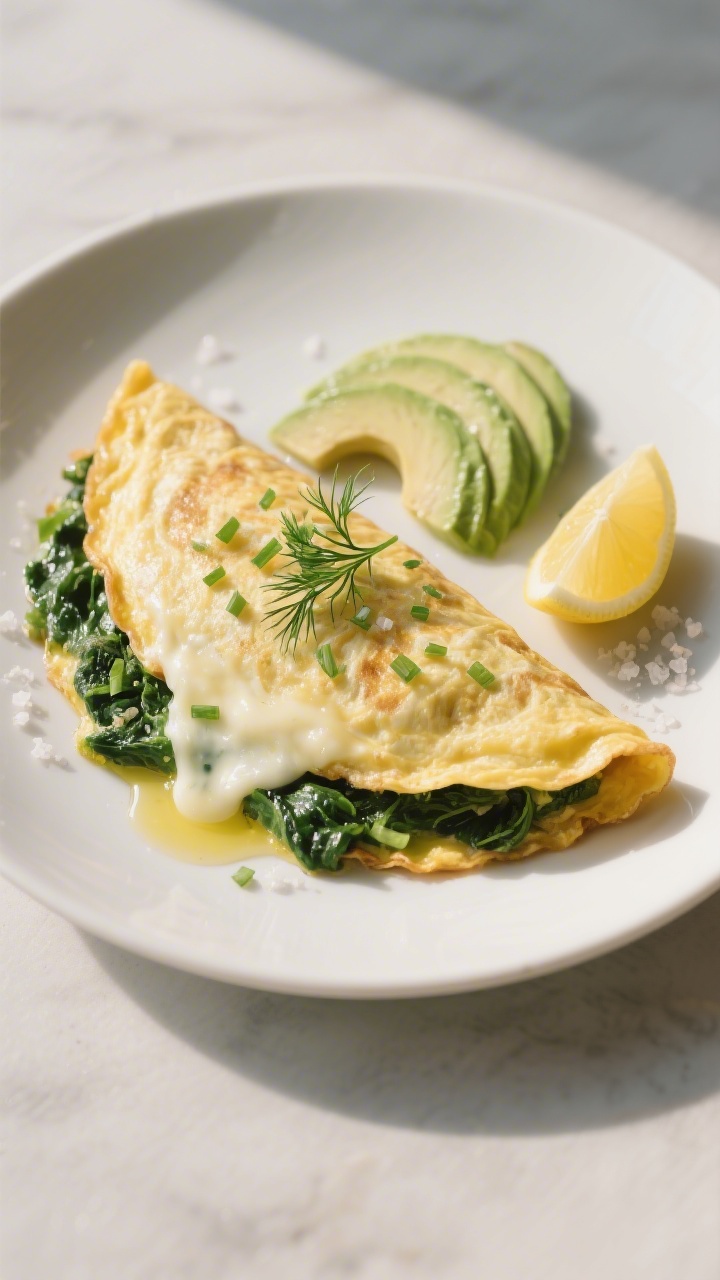 Final dish presentation: Beautifully plated spinach omelette on a matte white plate, folded neatly w