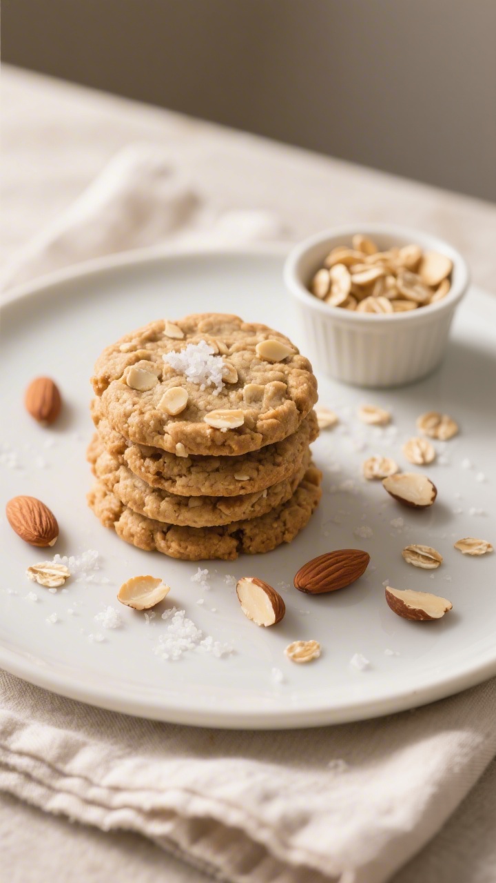 Final dish presentation: Beautifully plated stack of set no-bake almond-butter oat cookies on a matt