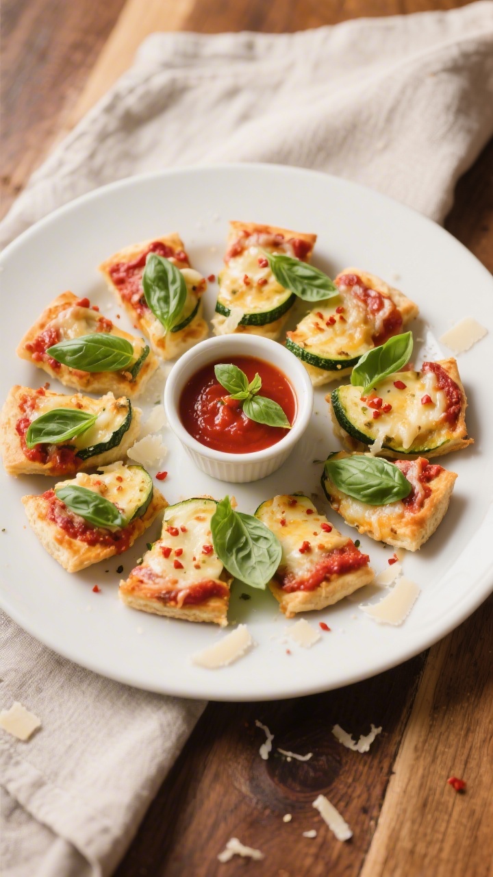 Zucchini Pizza Bites Low Carb - A Quick, Flavor-Packed Snack 4 Final dish presentation: Beautifully plated Zucchini Pizza Bites arranged in a circular fan on a mat