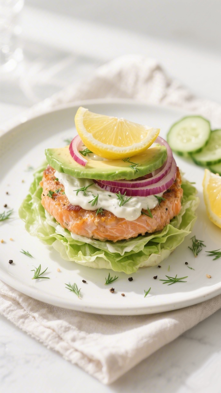 Salmon Burger Keto Bunless - A Fresh, Flavorful Low-Carb Favorite 3 Final dish presentation: Bunless salmon burger wrapped in layered butter lettuce leaves, topped with