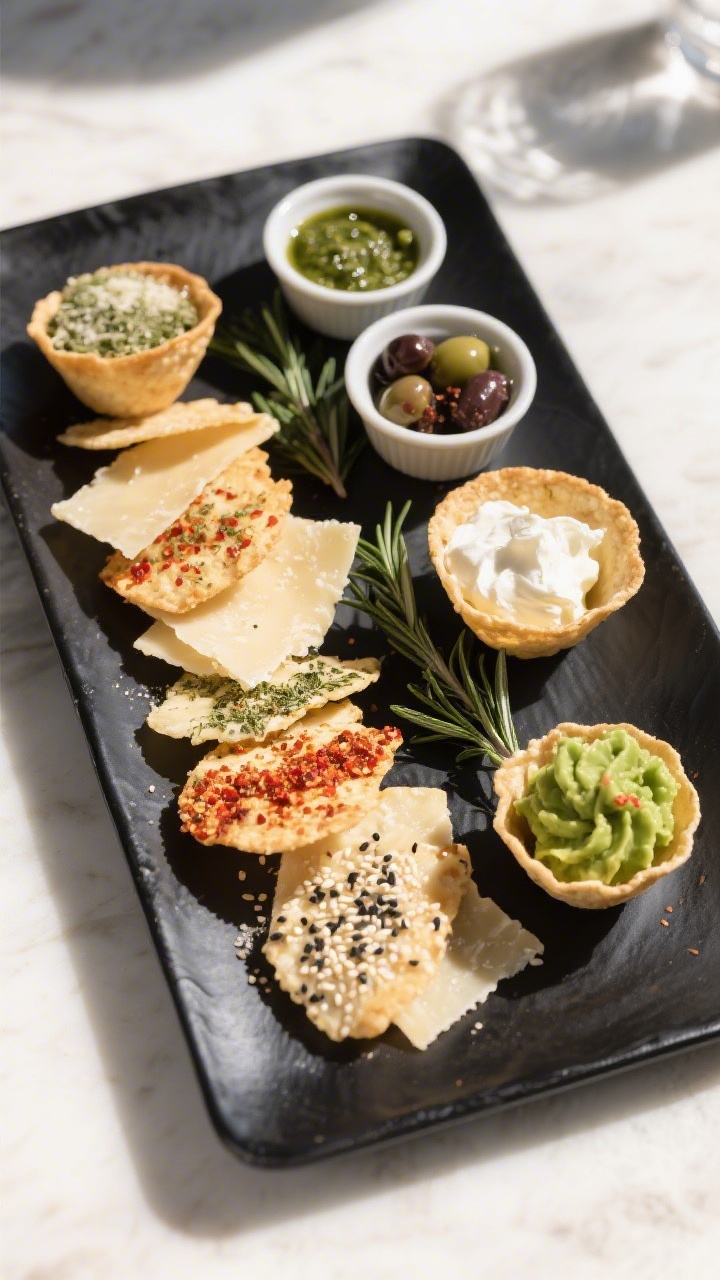 Final dish presentation: Elegant top-down platter of assorted parmesan crisps with variation in seas