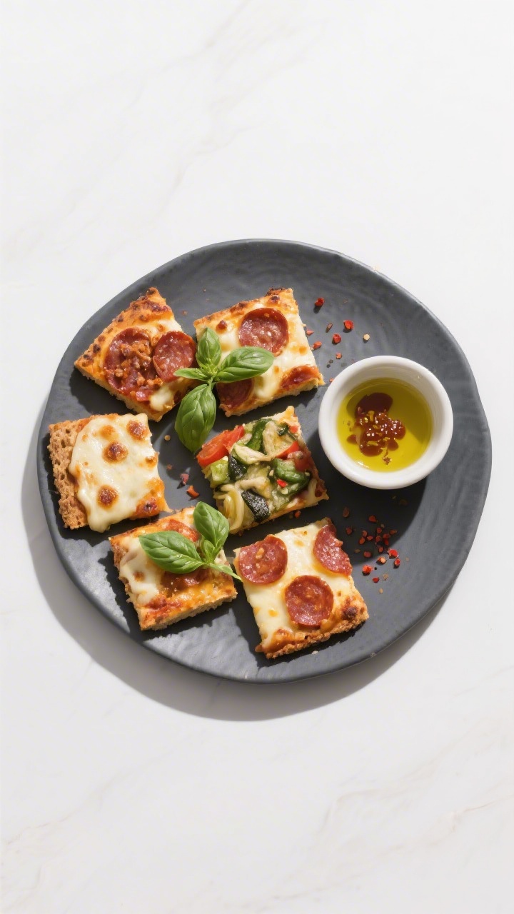 Final dish presentation: Finished no-bread “pizza” bites plated on a matte charcoal platter, che