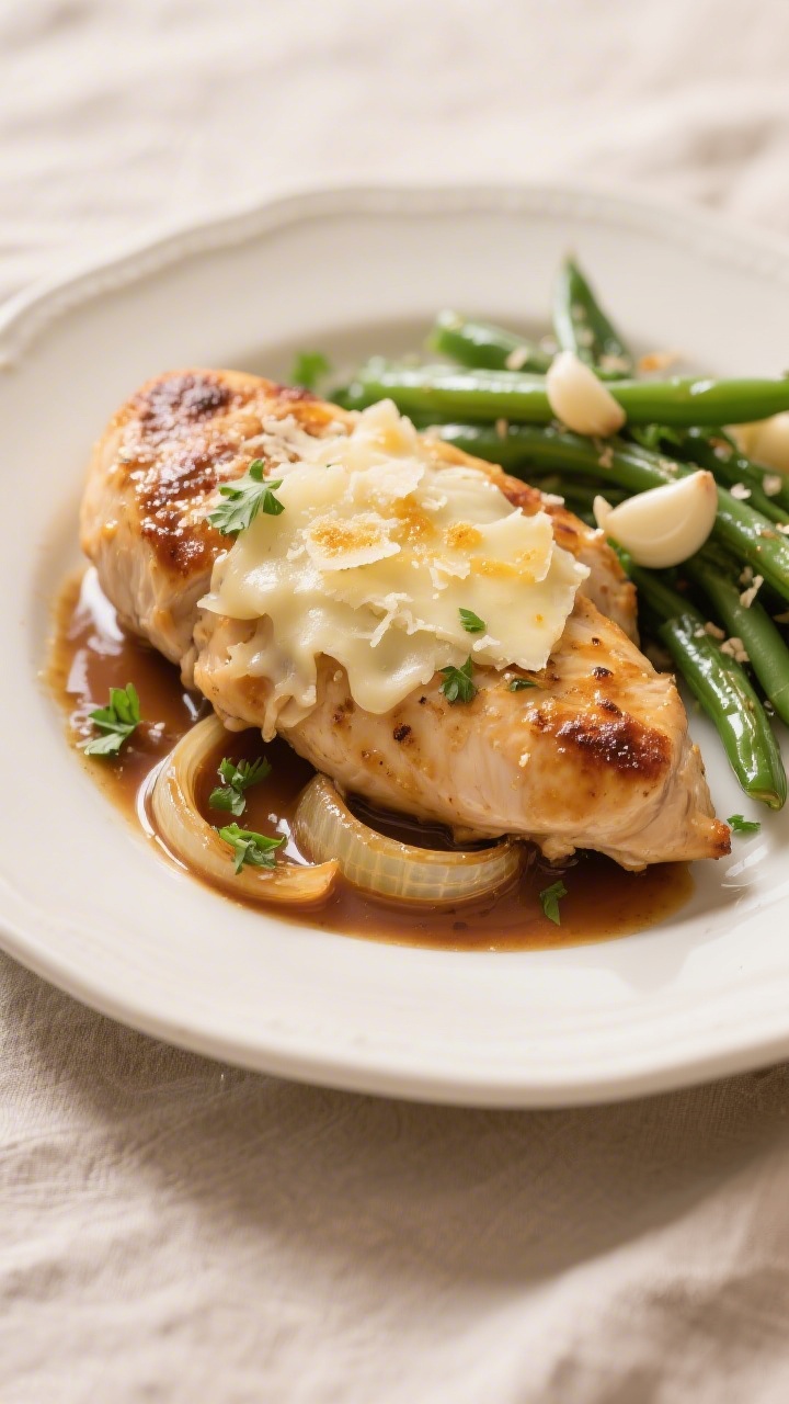 Final dish presentation: French onion chicken keto plated bistro-style—juicy chicken breasts blank
