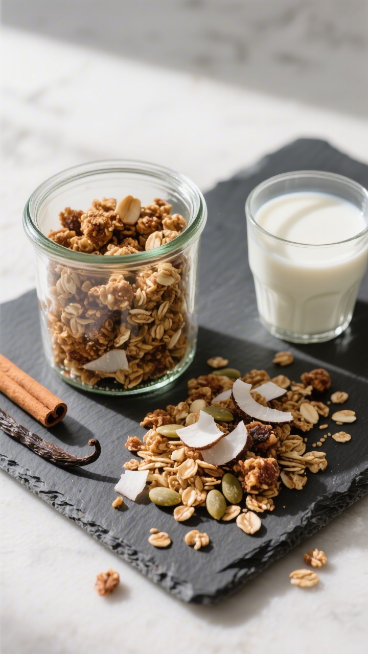 Final dish presentation: Low carb granola in a sleek glass jar with rubber seal, clusters spilling o