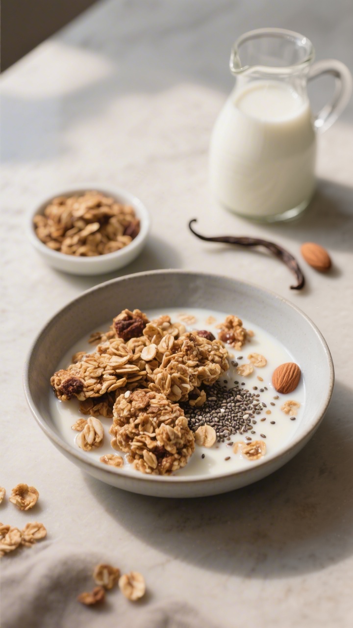 Final dish presentation: Low carb granola served with unsweetened almond milk in a modern shallow ce