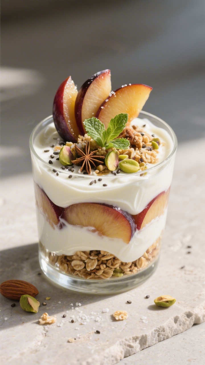 Final dish presentation: Plum Yogurt Parfait layered in a clear glass — creamy plain Greek yogurt 