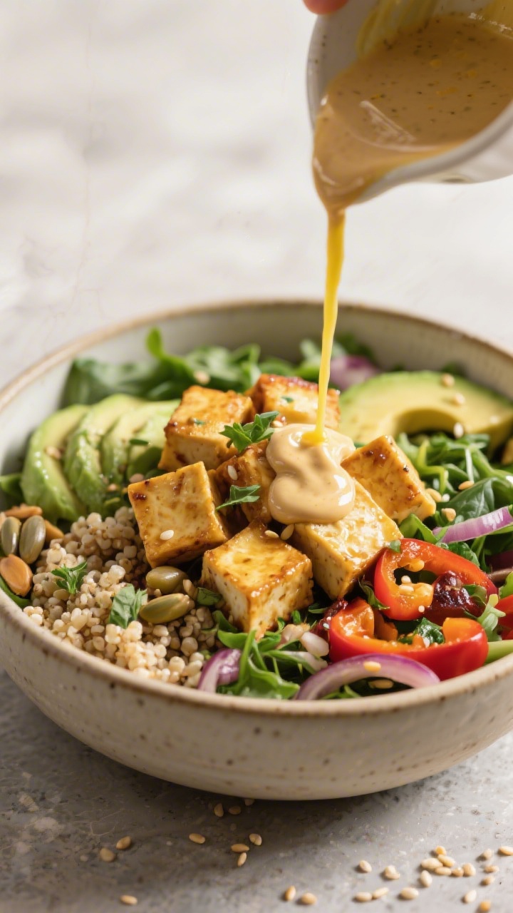 Final dish presentation: Restaurant-quality close three-quarter shot of a composed Buddha bowl being
