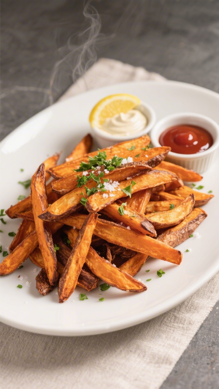 Final dish presentation: Restaurant-quality plate of air-fried sweet potato fries piled high on a ma