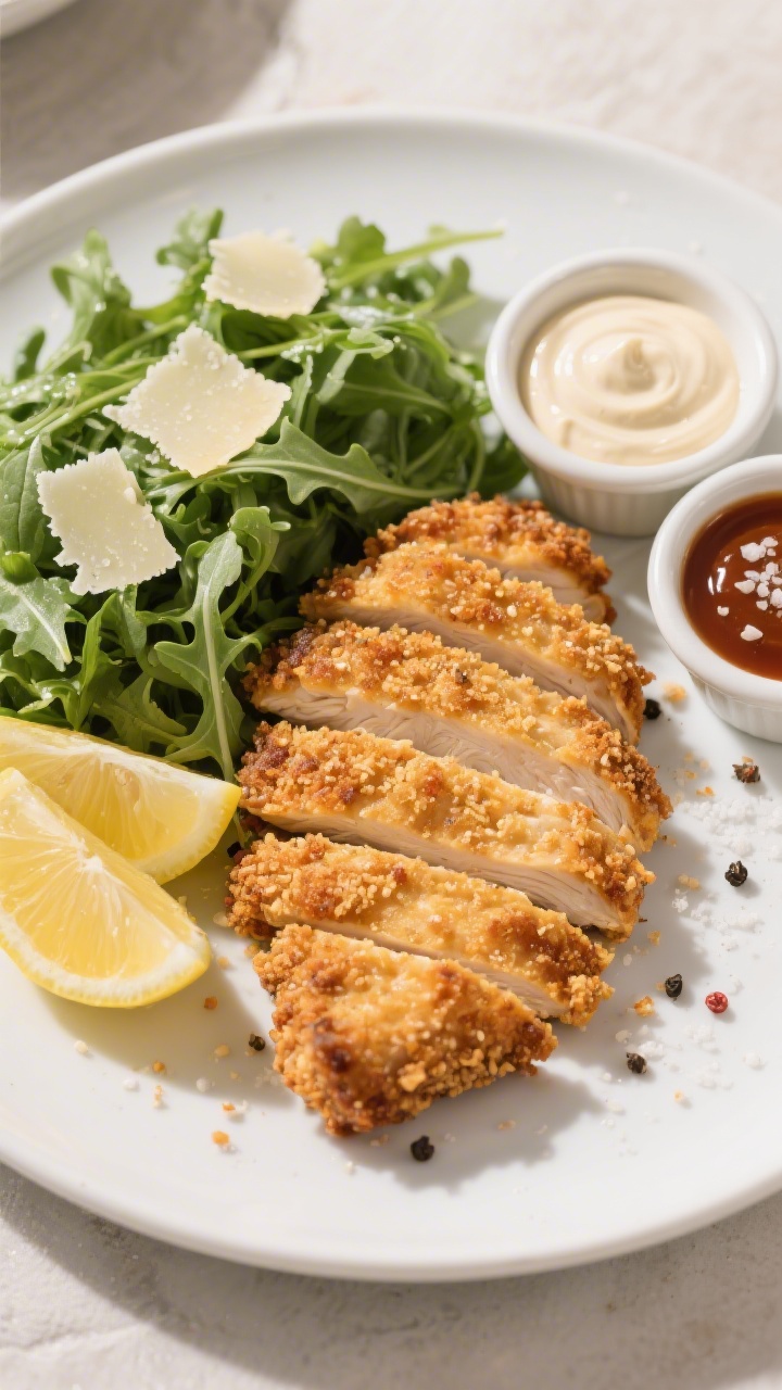 Final dish presentation: Restaurant-quality plate of Keto Crispy Air Fryer Chicken cutlets sliced in