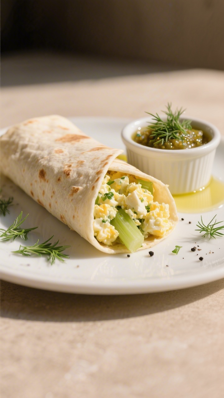 Final dish presentation: Restaurant-quality plate of low-carb egg salad wrap—soft low-carb tortill