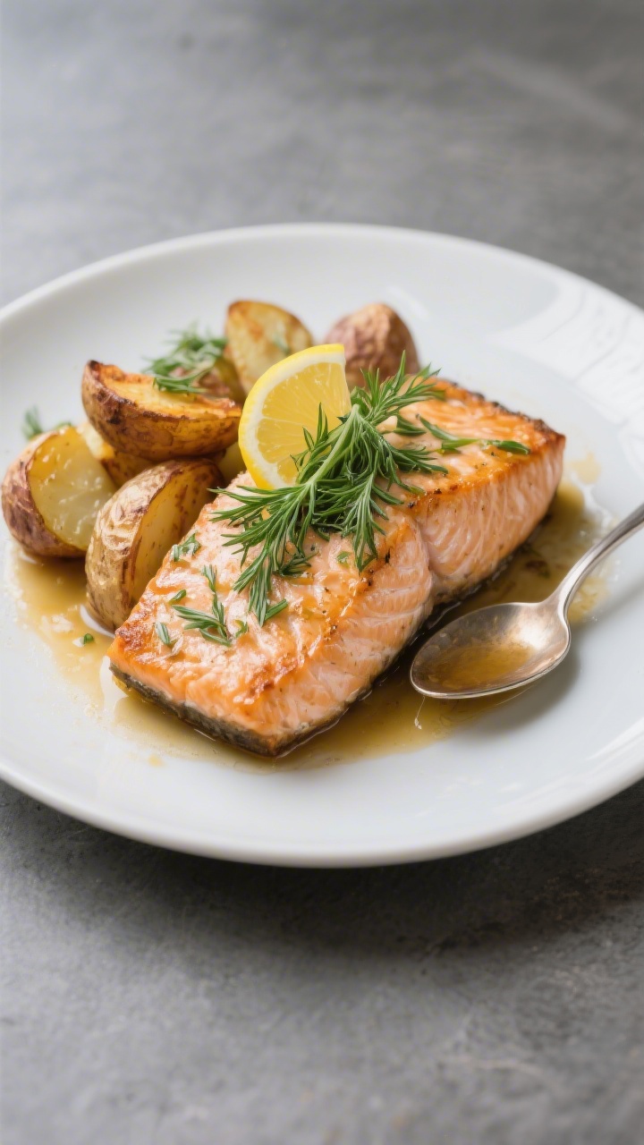 Final dish presentation: Restaurant-quality plate of baked salmon with dill and roasted potatoes—s