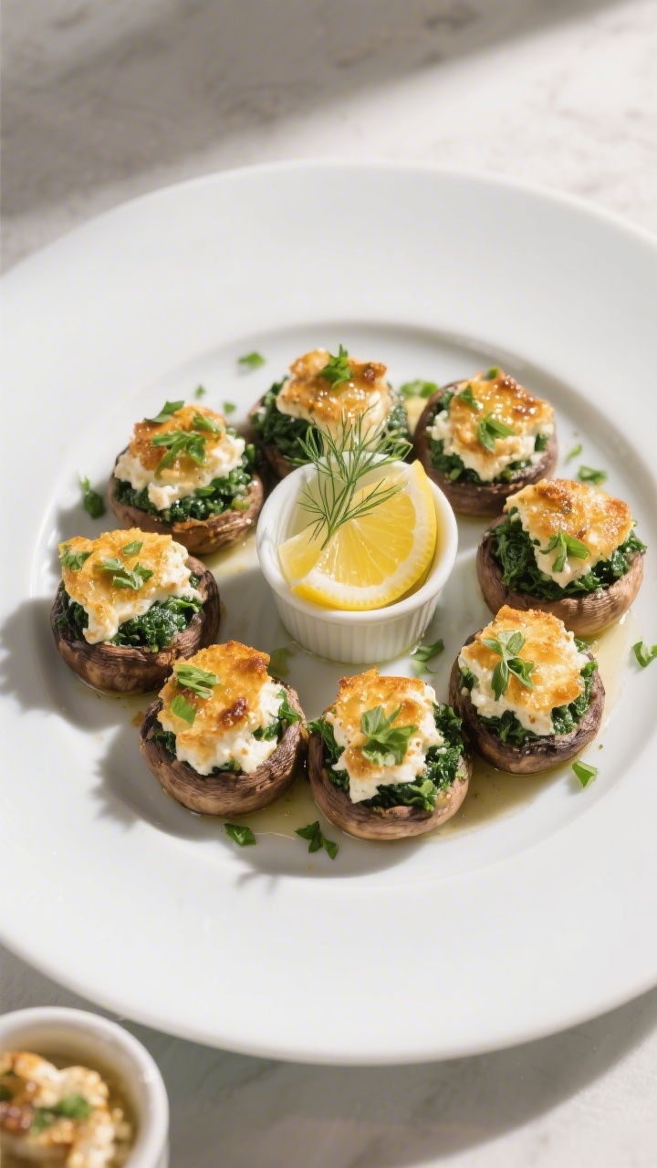 Final dish presentation: Restaurant-quality plated spinach and feta stuffed mushrooms arranged in a 