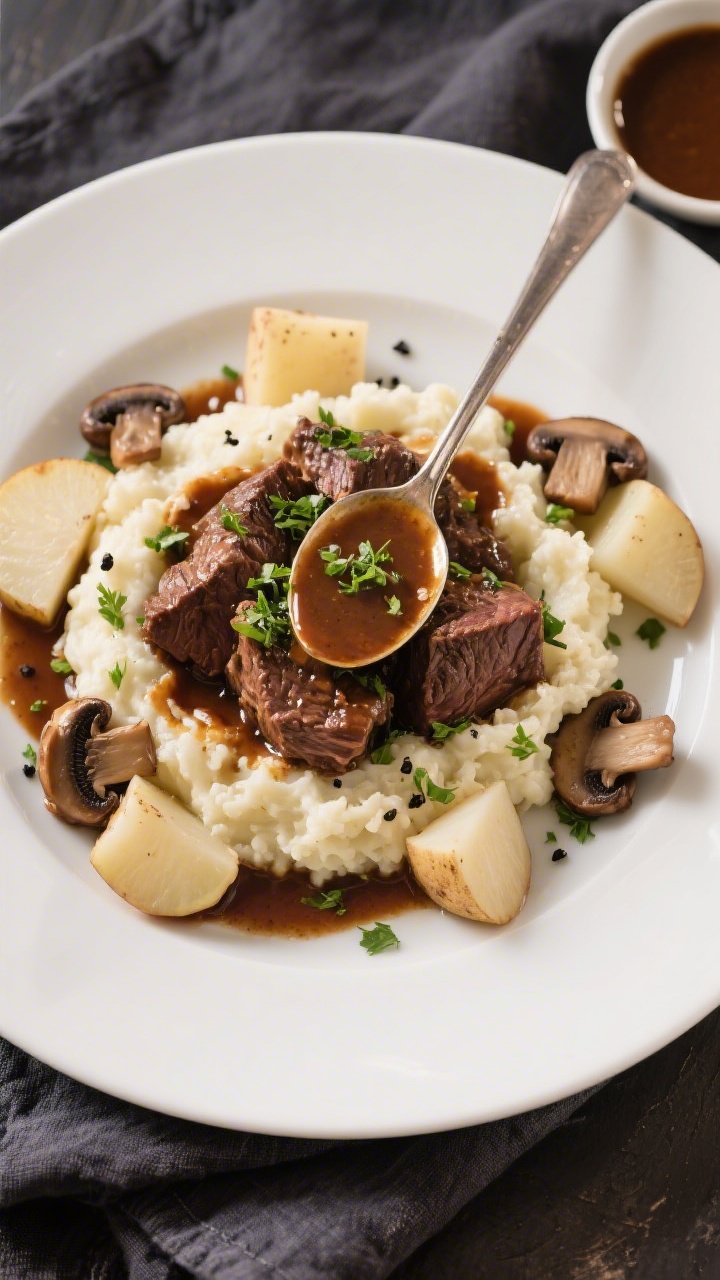 Final dish presentation: Restaurant-quality plated low-carb braised beef served over creamy cauliflo