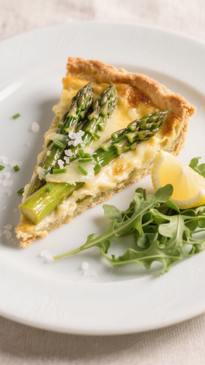 Final dish presentation: Restaurant-quality plated wedge of asparagus tart on a matte white plate, s