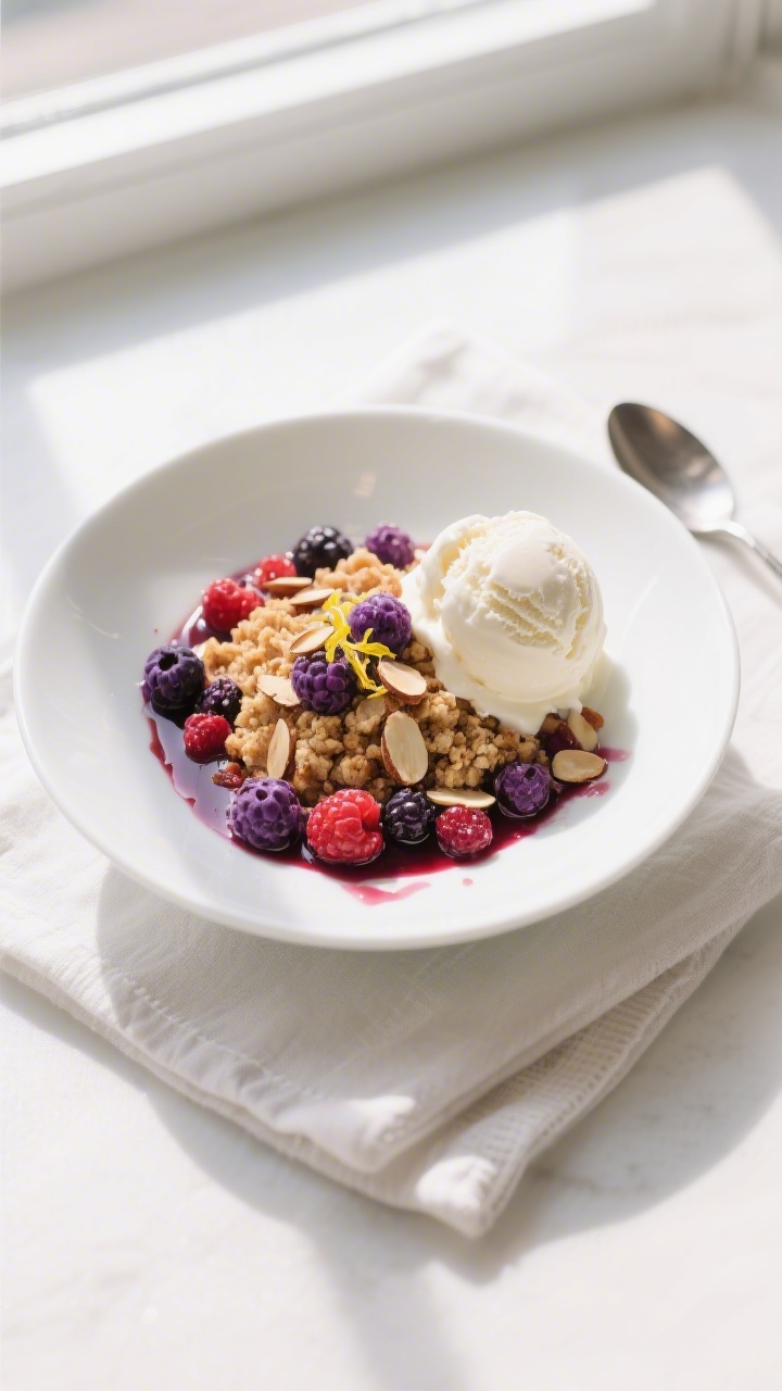 Mixed‑Berry Crumble With Almond Topping - A Cozy, Crunchy Dessert 4 Final dish presentation: Restaurant-quality plated serving of mixed-berry crumble in a shallow white