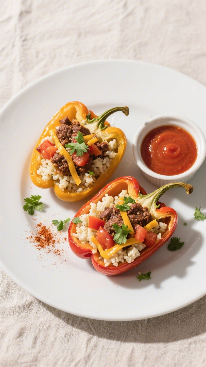 Final dish presentation: Restaurant-quality plating of two low-carb stuffed peppers on a matte white