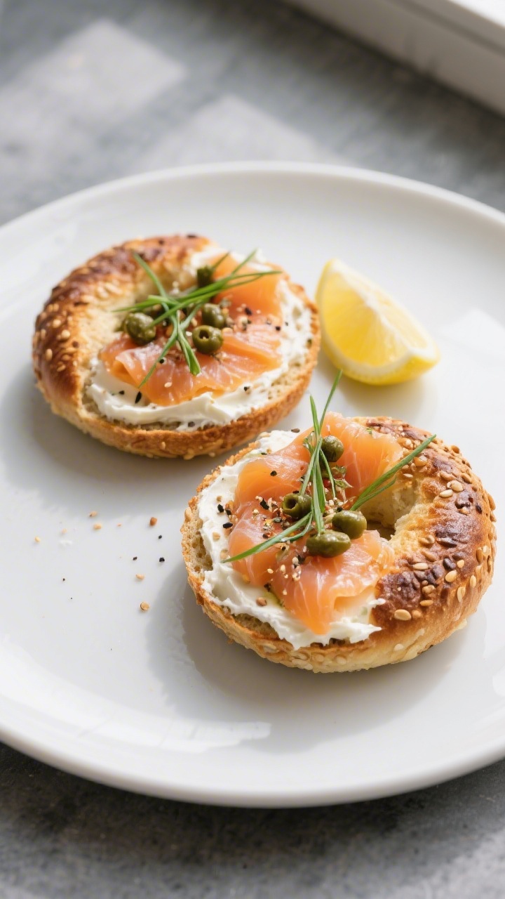 Final dish presentation: Restaurant-quality plating of two toasted low carb bagel halves topped with