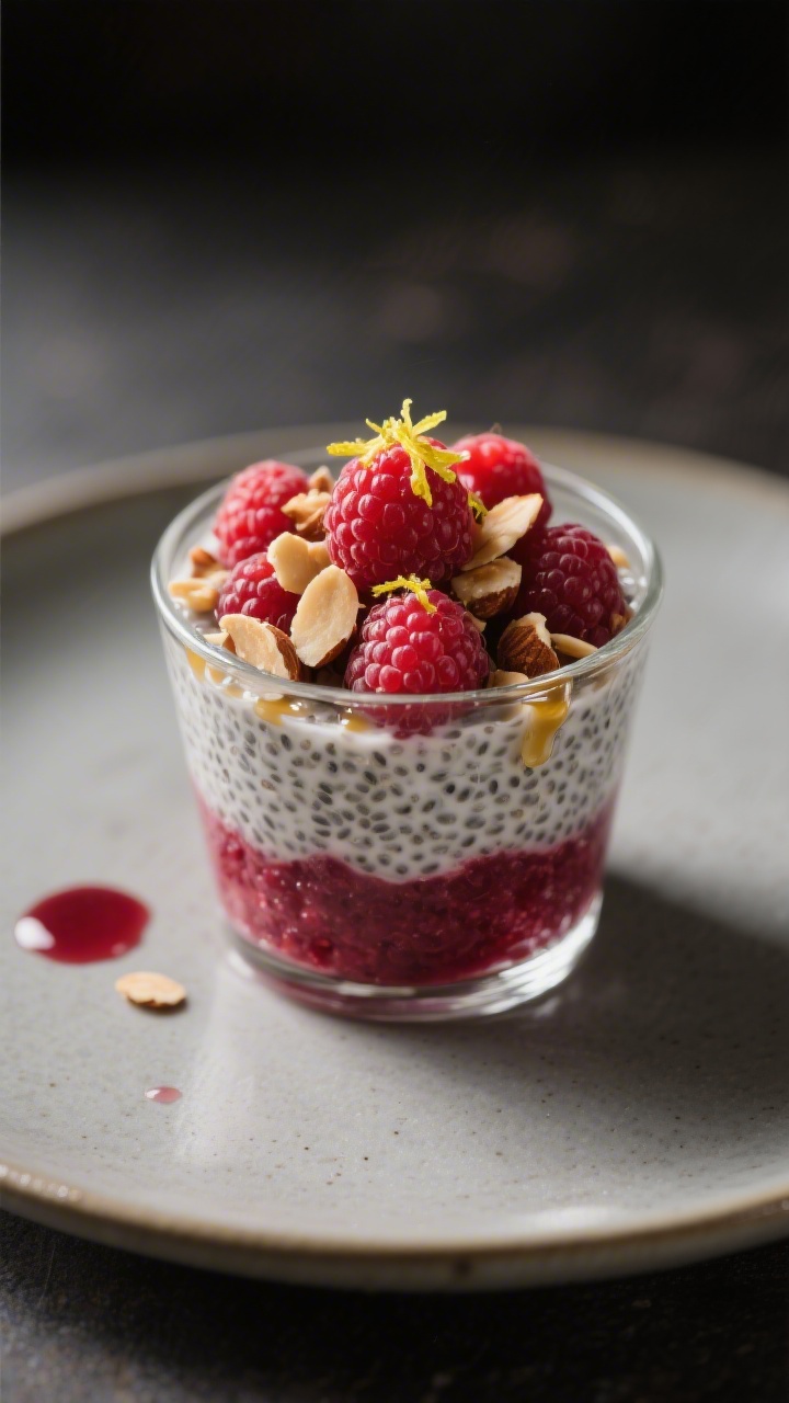 Final dish presentation: Restaurant-quality single serving of Raspberry Chia Pudding in a small clea