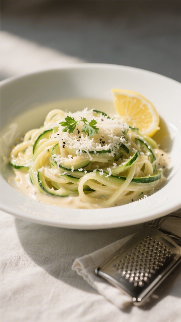 Final dish presentation: Zucchini noodles tossed in low carb Alfredo sauce, beautifully plated in a 