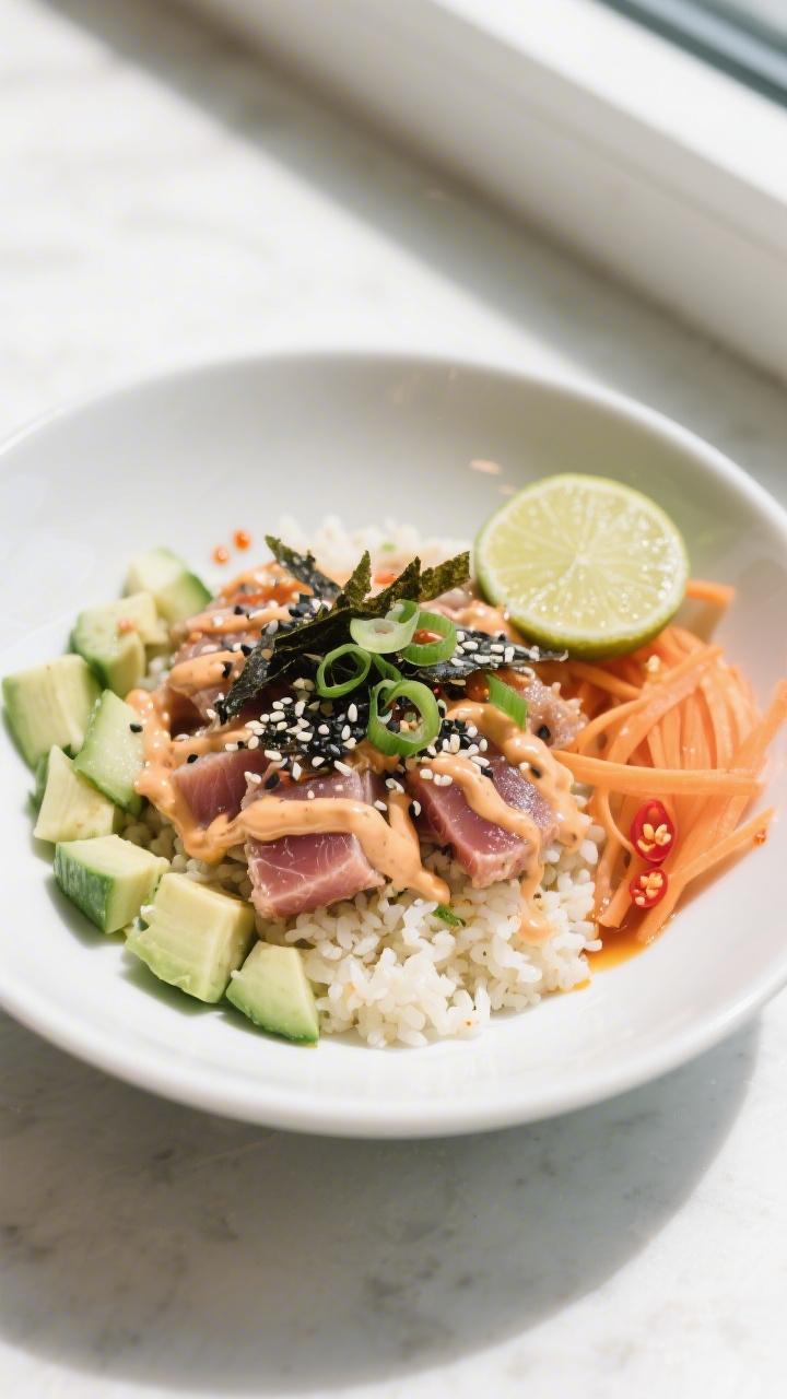 Low Carb Spicy Tuna Bowl - Fresh, Fast, and Satisfying 3 Final dish, restaurant-quality plating: Beautifully plated Low Carb Spicy Tuna Bowl in a wide, low w