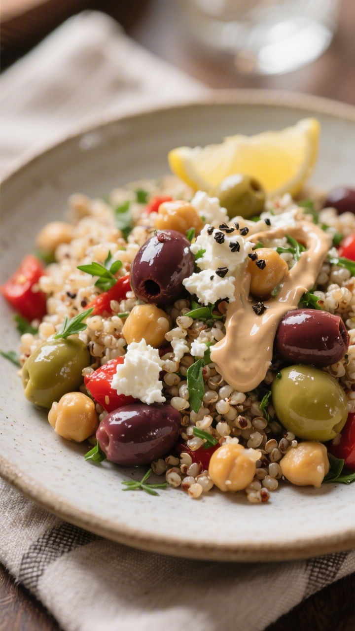 Final dish, restaurant-quality presentation: Beautifully plated Mediterranean quinoa bowl served sli