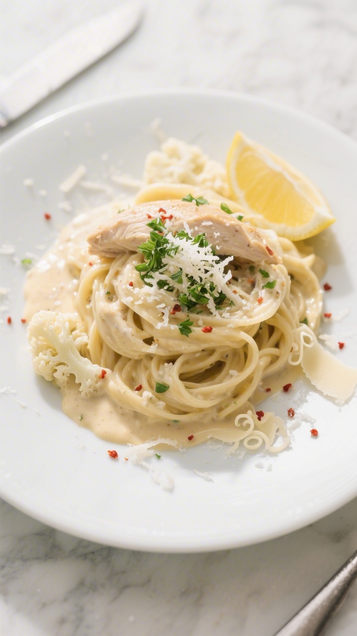 Final dish, tasty top view: Overhead shot of Gluten‑Free Chicken Alfredo with Cauliflower Pasta tw