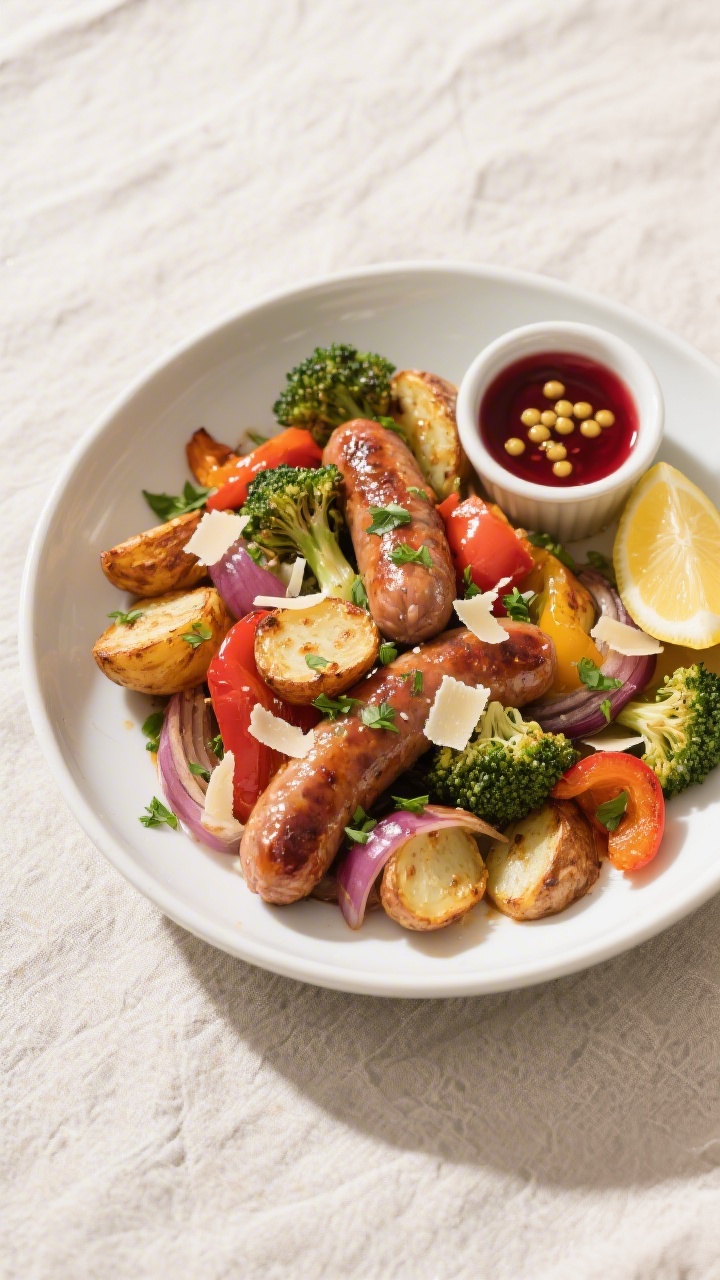 Final dish, top view: Overhead plate-up of the finished sheet‑pan sausage and vegetable roast in a