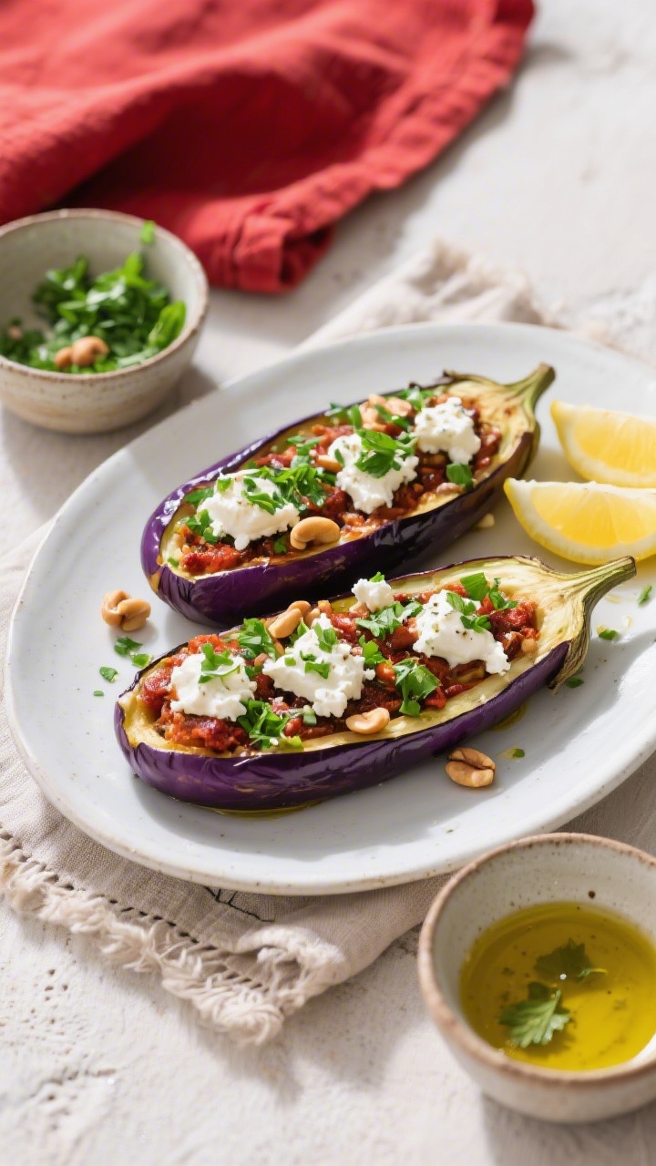 Stuffed Eggplant Healthy Recipe - Flavorful, Satisfying, and Easy 4 Final dish top view: Overhead shot of Mediterranean stuffed eggplant plated on a matte white oval pl