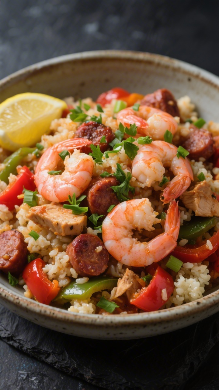 Final plated beauty: Bowl of finished low carb jambalaya piled high with pink, just-cooked shrimp ne