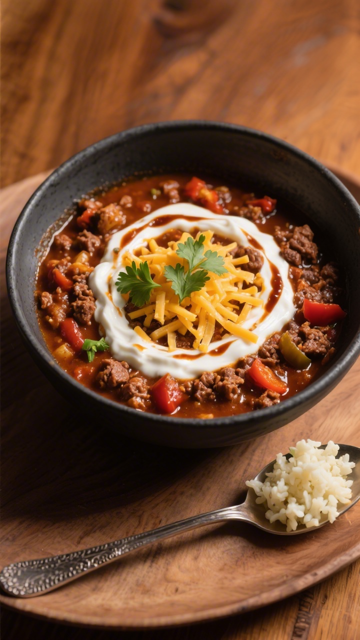 Final plated beauty: Restaurant-quality presentation of low carb chili ladled into a shallow, wide c
