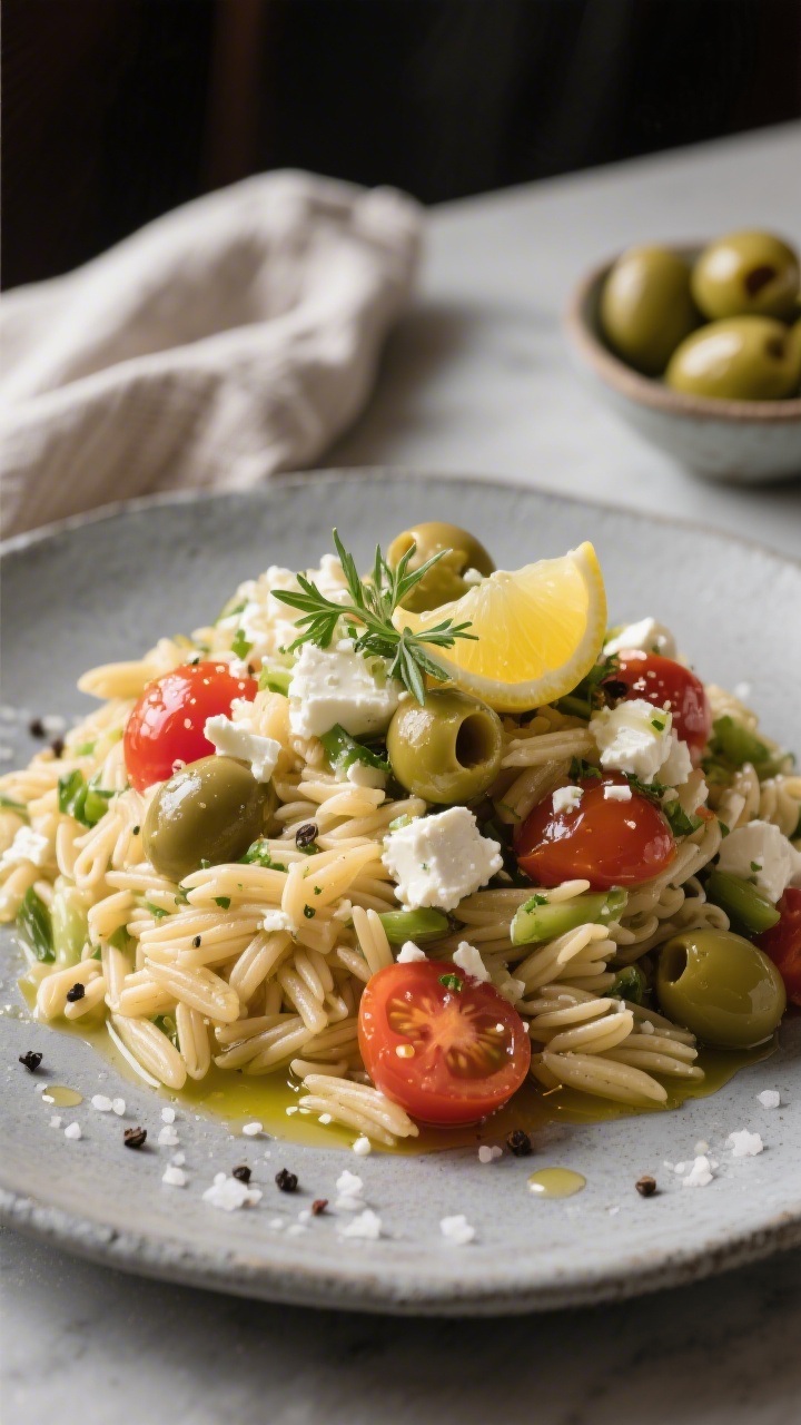Final plated beauty: Restaurant-quality presentation of a generous mound of the orzo-free Greek past