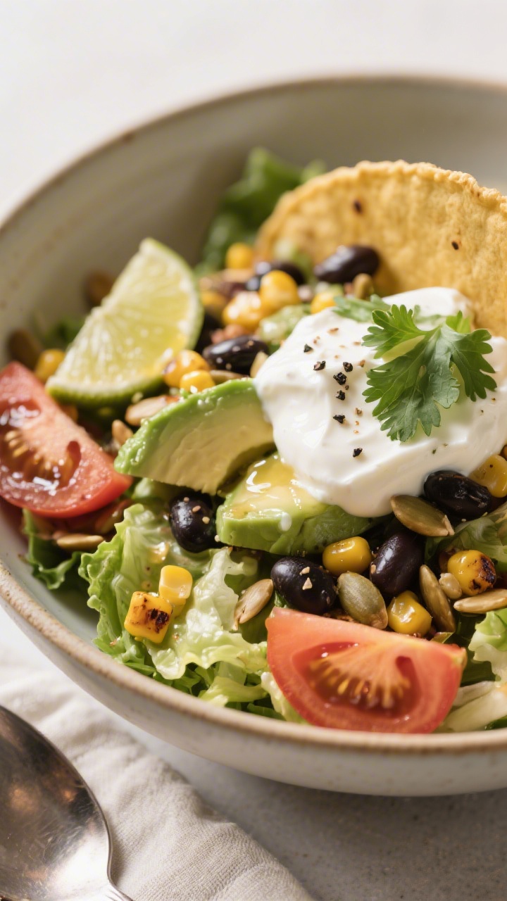 Final plated beauty shot: Restaurant-quality presentation of the finished taco salad in a low, wide 