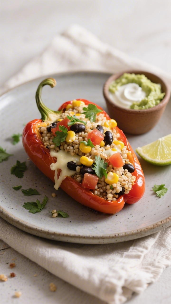 Final plated beauty: Single stuffed bell pepper served on a matte stoneware plate—cheese-laced qui