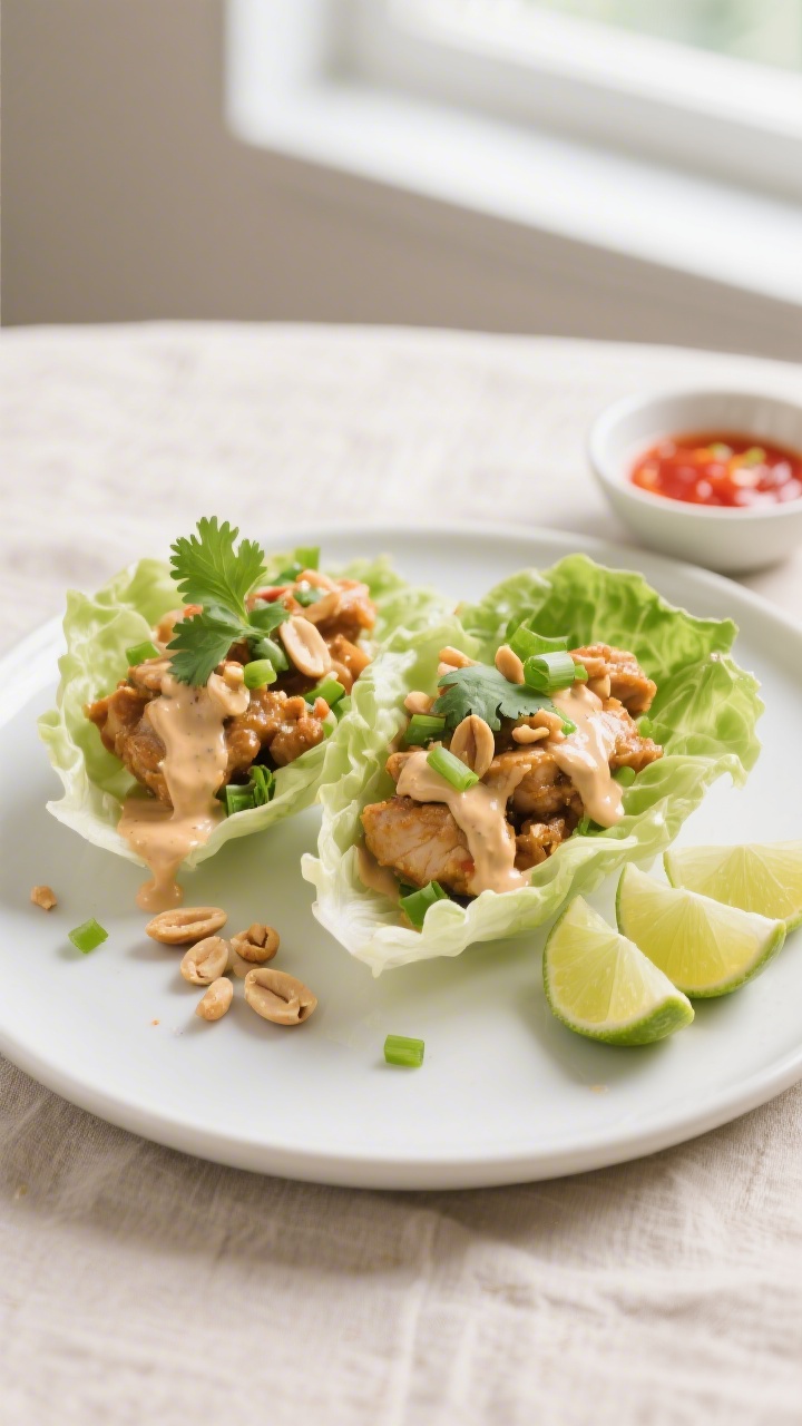 Final plated beauty: Thai peanut‑chicken lettuce wraps assembled on a matte white platter—cool b