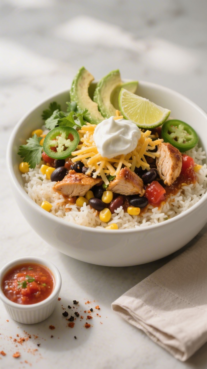 Final plated bowl, restaurant-quality: Chicken taco bowl layered over warm cilantro-lime rice in a w