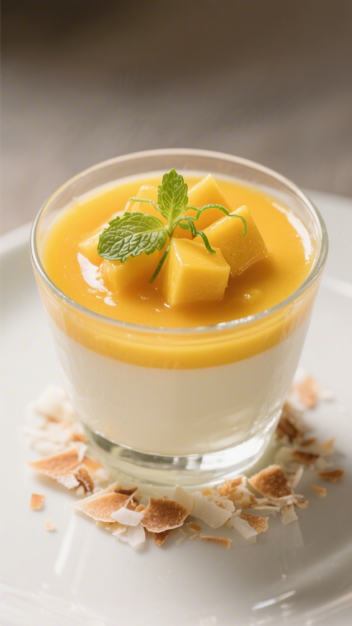 Final plated close-up: A single glass dessert (3/4 filled) of set coconut panna cotta with a delicat
