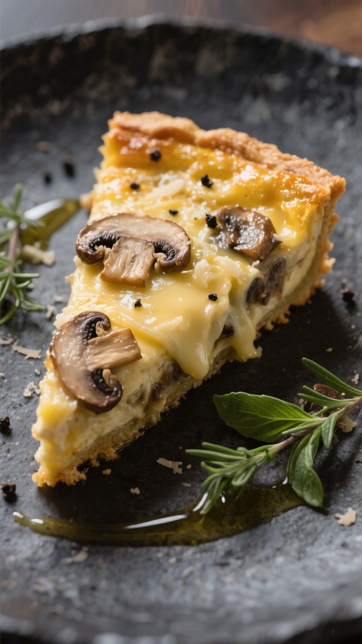 Final plated, close-up detail: Luxurious slice of mushroom-and-Swiss crustless quiche on a dark ston