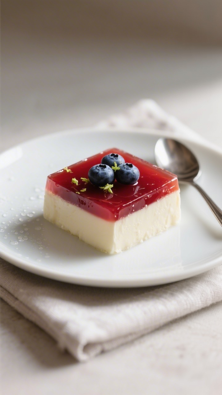 Final plated dessert presentation: a single square of the layered jello on a small matte white plate