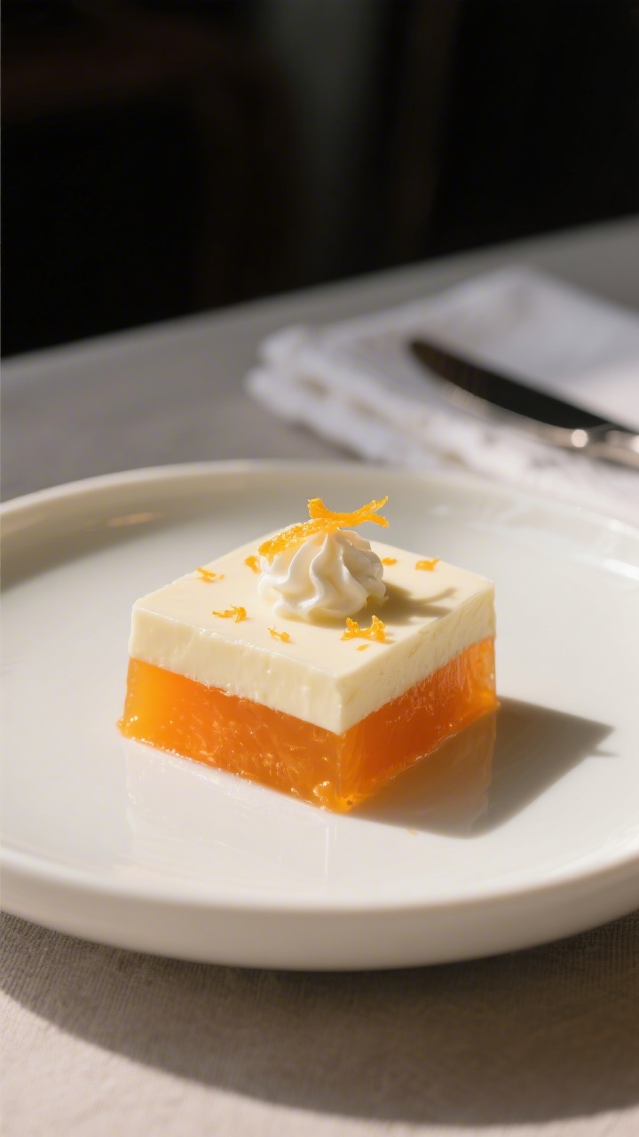 Final plated dessert: Two-layer low-carb “creamsicle” jello slice on a matte white dessert plate