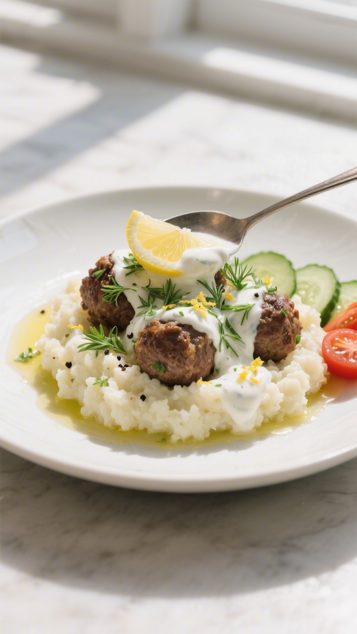 Final plated dish, : Beautifully plated keto lamb meatballs over creamy cauliflower mash, generous s