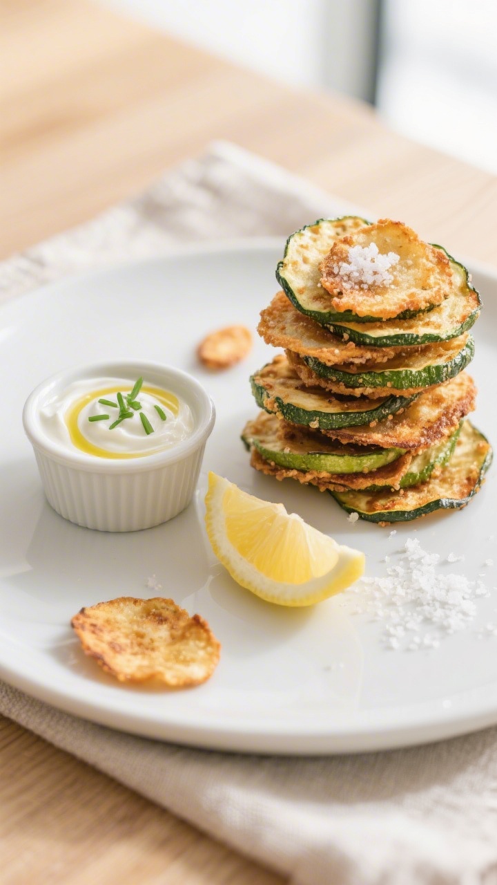 Final plated dish: Beautifully plated stack of crispy baked zucchini chips on a matte white plate, g