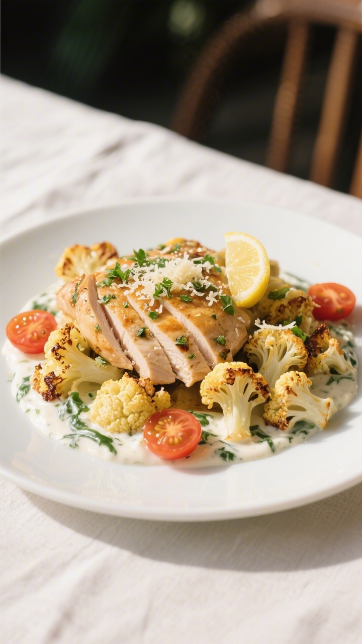 Final plated dish beauty: Garlic herb chicken sliced and fanned over a bed of golden roasted caulifl