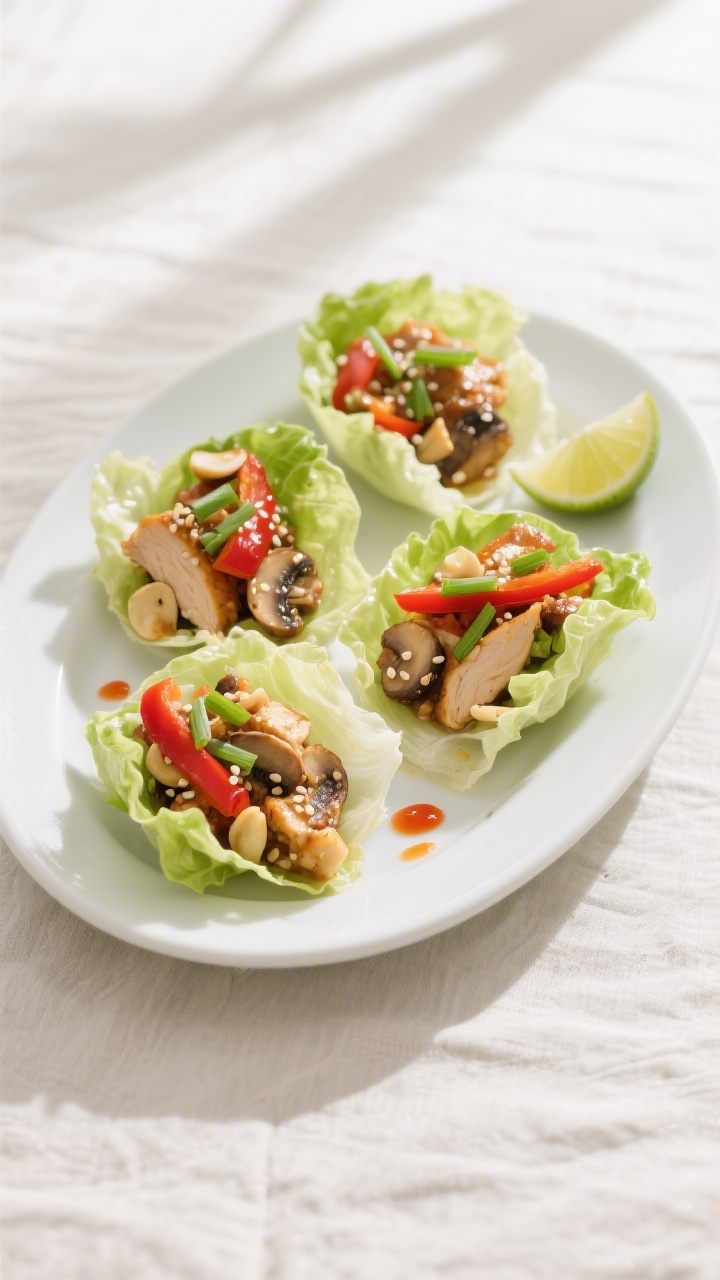 Final plated dish beauty shot: Healthy Chicken Lettuce Wraps assembled in crisp butter lettuce cups 